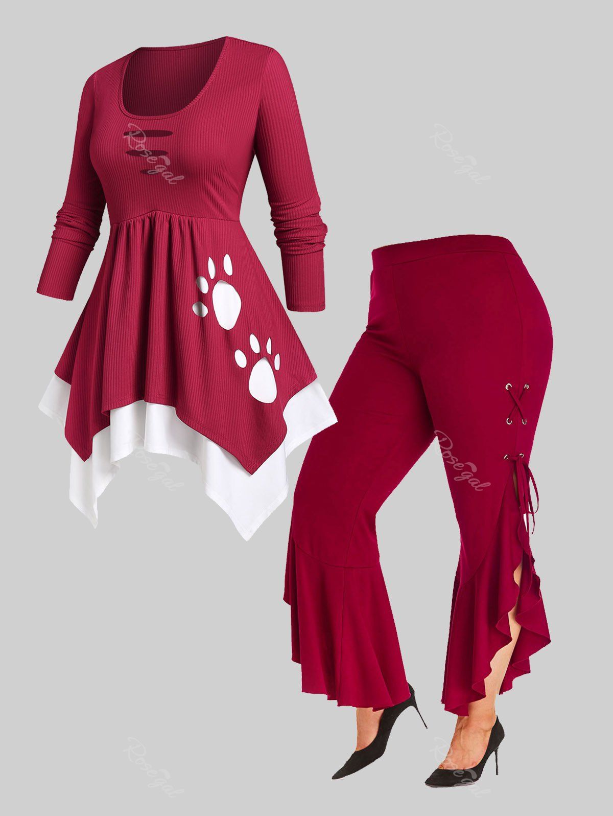Store Handkerchief Ripped Layered Plus Size T-shirt and Flare Pants Bundle  