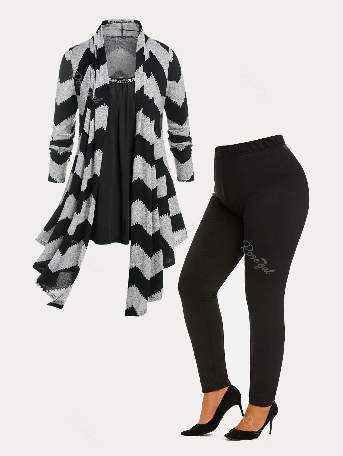 Fashion Asymmetric  Zigzag Cardigan Set and Flocking Lined Leggings Plus Size Outfit  