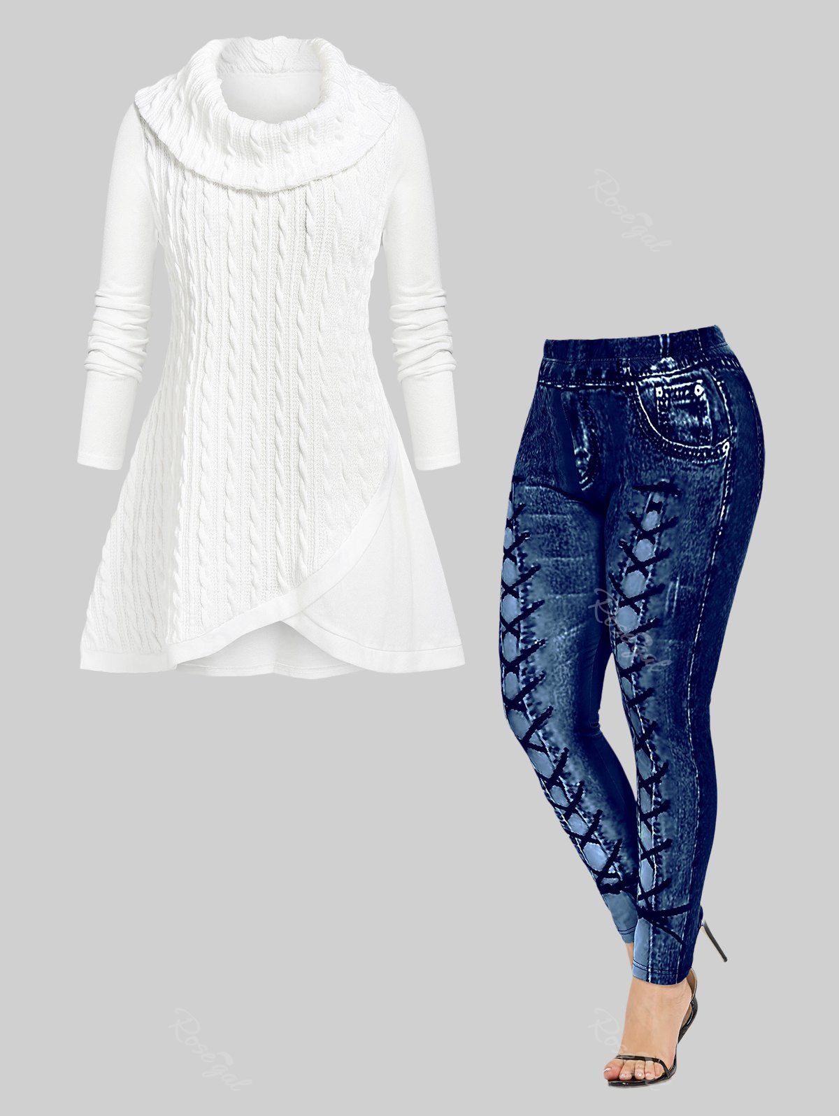 New Cable Knit Tulip Sweater and 3D Printed Leggings Plus Size Outfit  