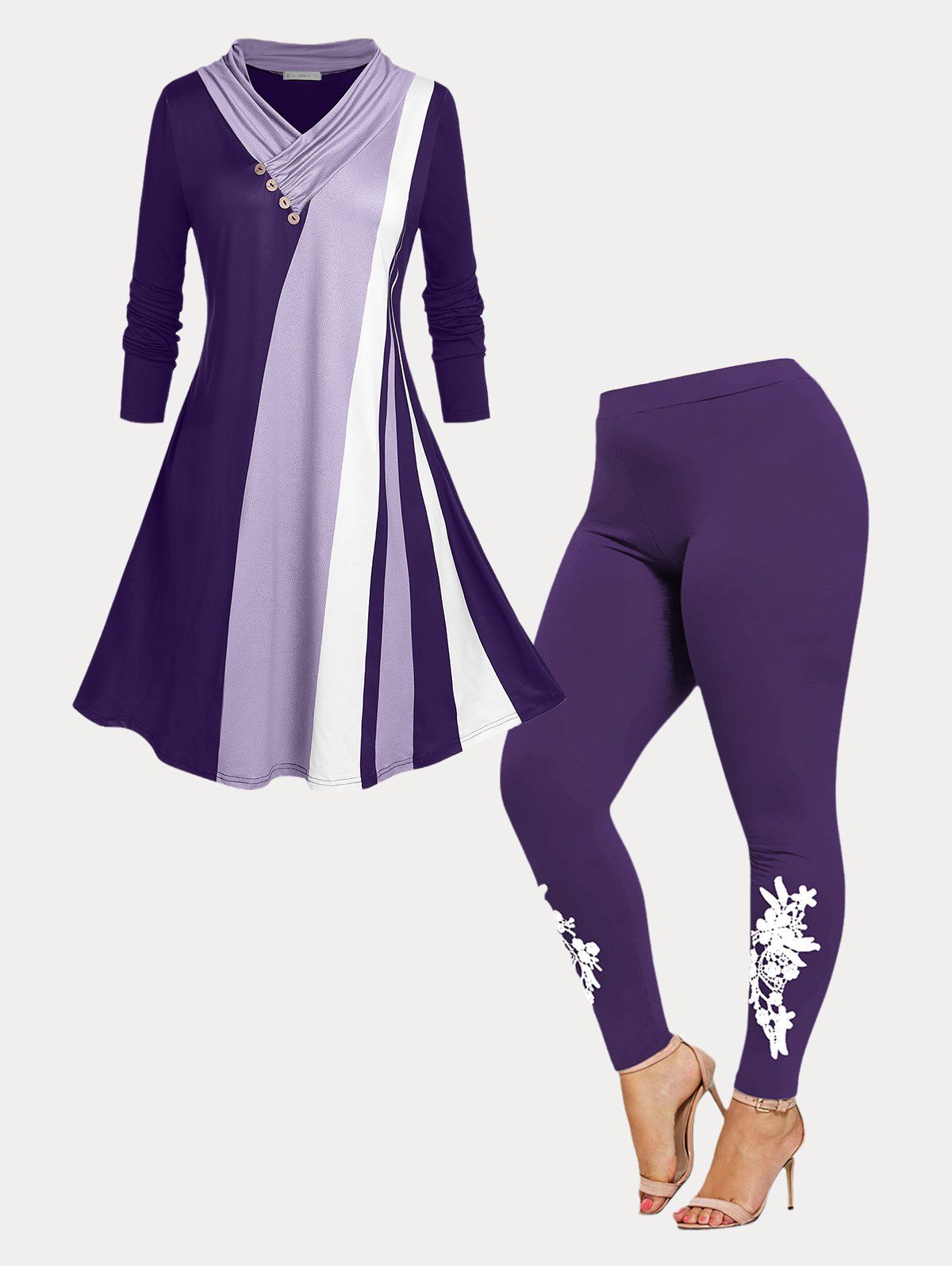 Fancy Purple Feast Longline Tee and Jersey Leggings Plus Size Outfit  