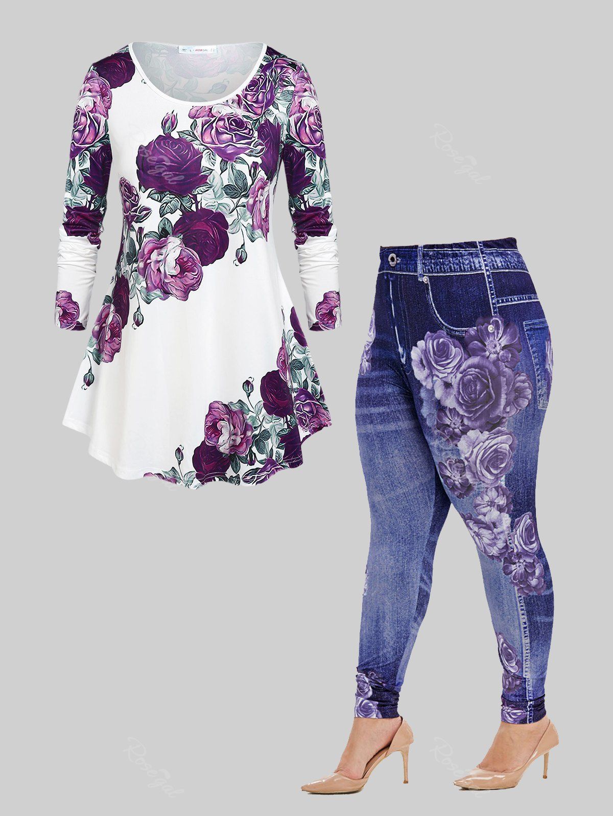 Hot Kiss Rose Swing Tunic Top and 3D Printed Jeggings Plus Size Outfit  