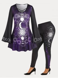 Galaxy Wander Cross Tunic Top and Moon and Sun Leggings Plus Size Outfit - BLACK