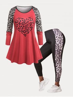 Raglan Sleeve Leopard Print Heart Pattern Plus Size Tee and Leggings Bundle