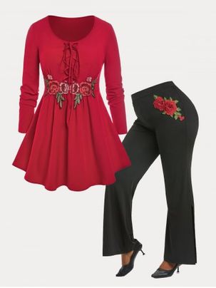 Dancing with Rose Applique Lace Up Tee and Flare Pants Plus Size Outfit