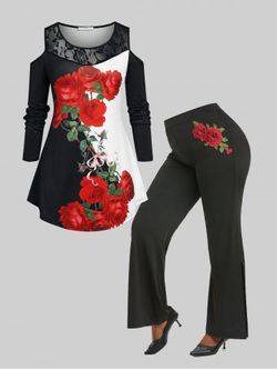 Story of Rose Lace Panel Tee and Split Flare Pants Plus Size Outfit - BLACK