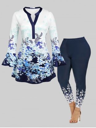 Floral Garden Bell Sleeves Top and Leggings Plus Size Outfit