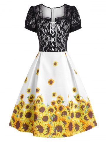 Lace Insert Sunflower Print Lace-up Dress - BLACK - S