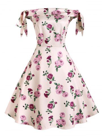 Polka Dot Floral Bowknot Off Shoulder Swing Dress - LIGHT PINK - M