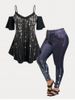 Sparkling Cold Shoulder Tee and 3D Print Leggings Plus Size Summer Outfit -  