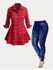 Fashion Plus Size Striped Plaid Skirted Button Up Shirt and Leggings -  