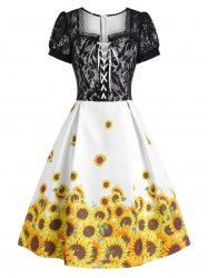 Lace Insert Sunflower Print Lace-up Dress -  