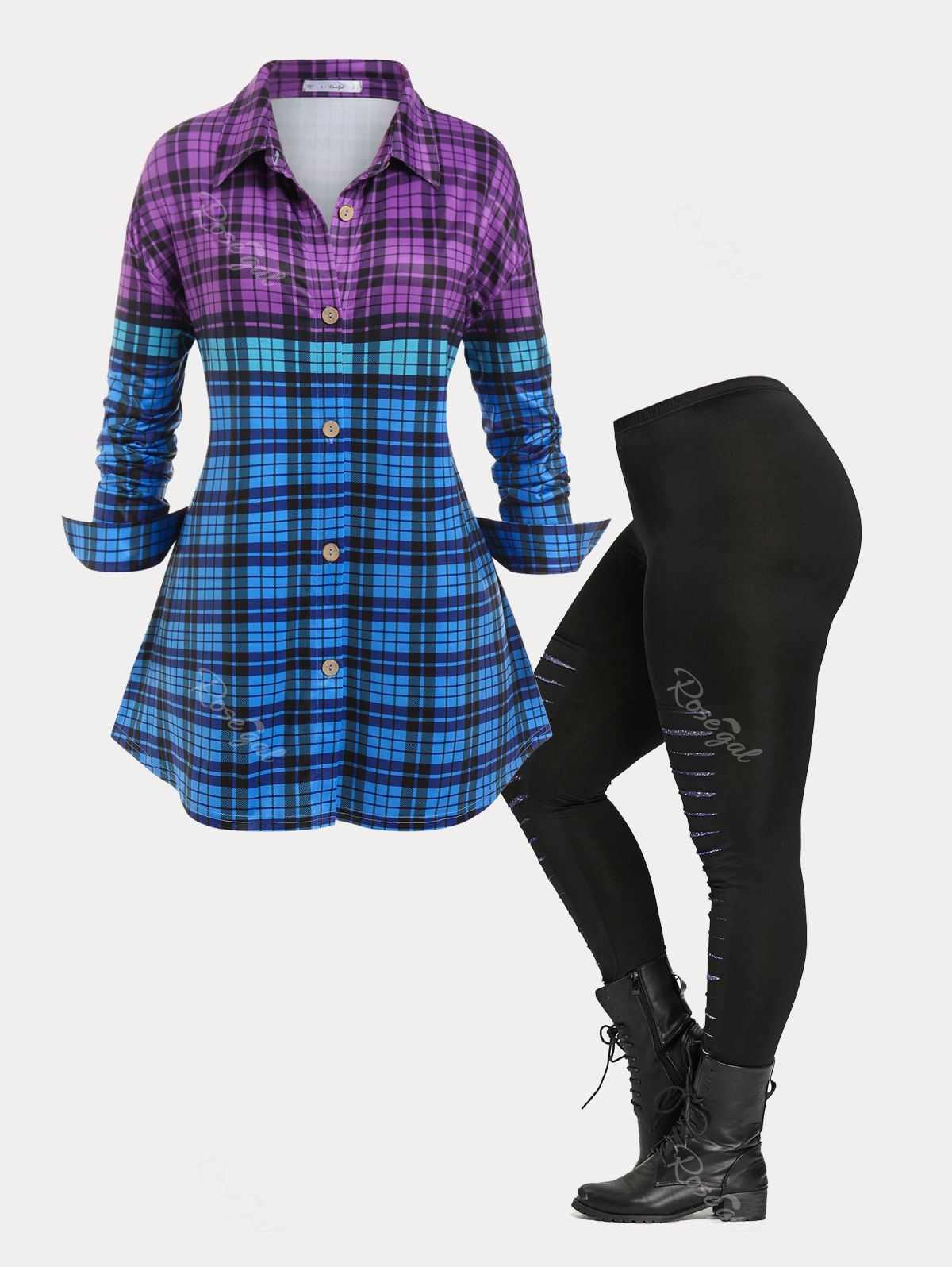 Fashion Contrast Plaid Button Up Shirt and Galaxy Ripped Leggings Plus Size Outfit  