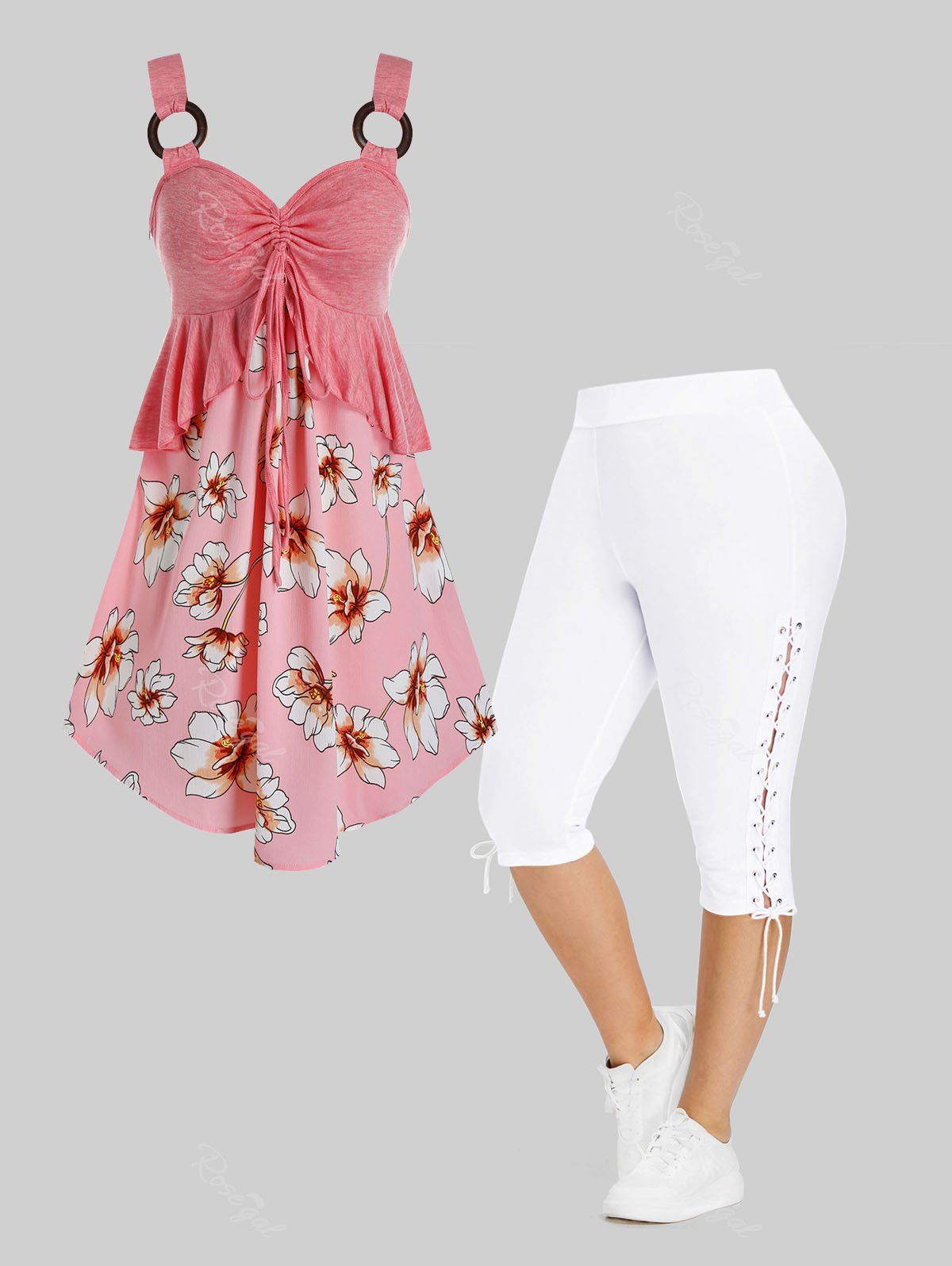 Online Cinched Peplum Top and Lace Up Capri Pants Plus Size Summer Outfit  