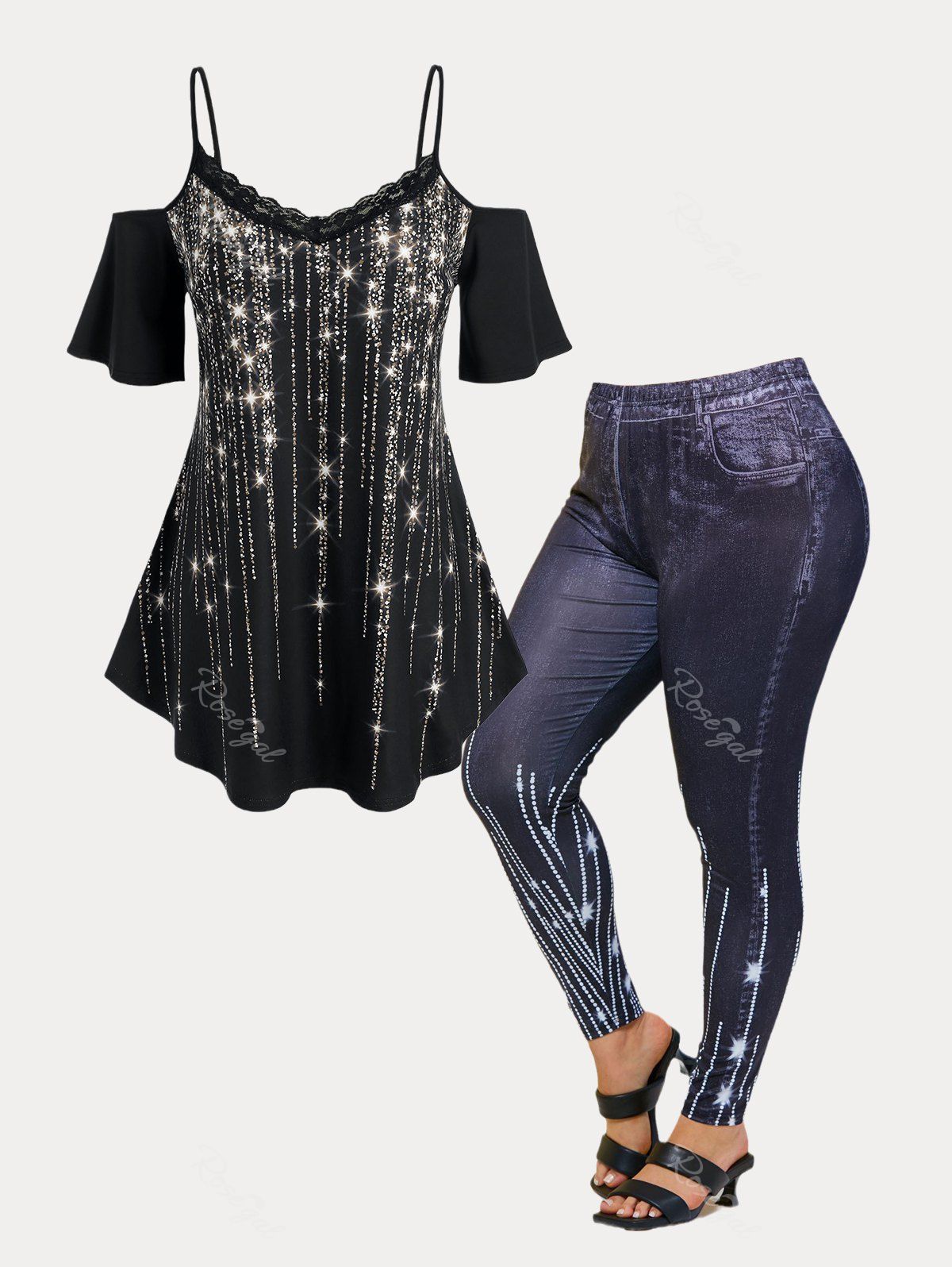 Online Sparkling Cold Shoulder Tee and 3D Print Leggings Plus Size Summer Outfit  