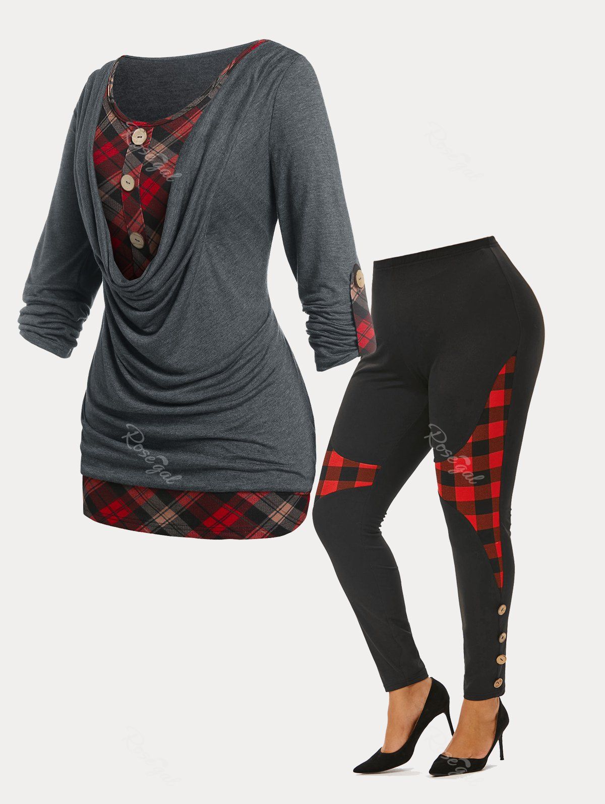 Hot Cowl Front Plaid Tee and Skinny Leggings Plus Size Bundle  