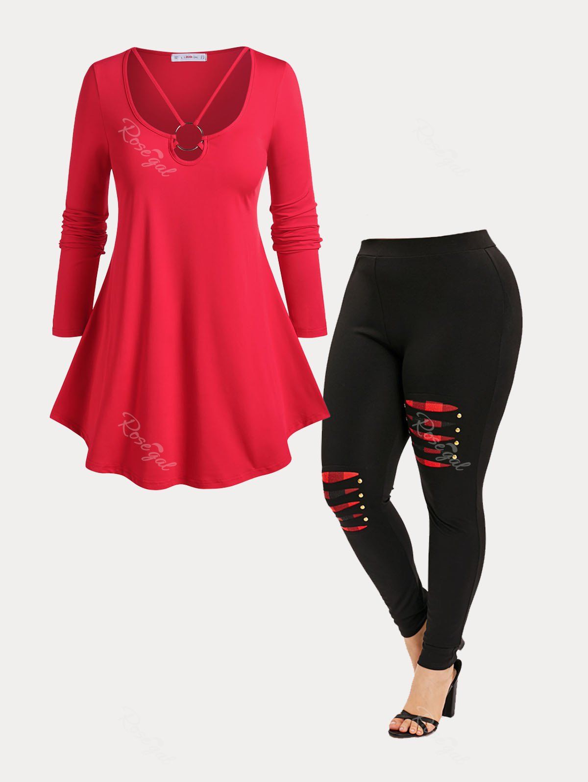 Outfits Plus Size Red O Ring Tunic Swing Outfit  