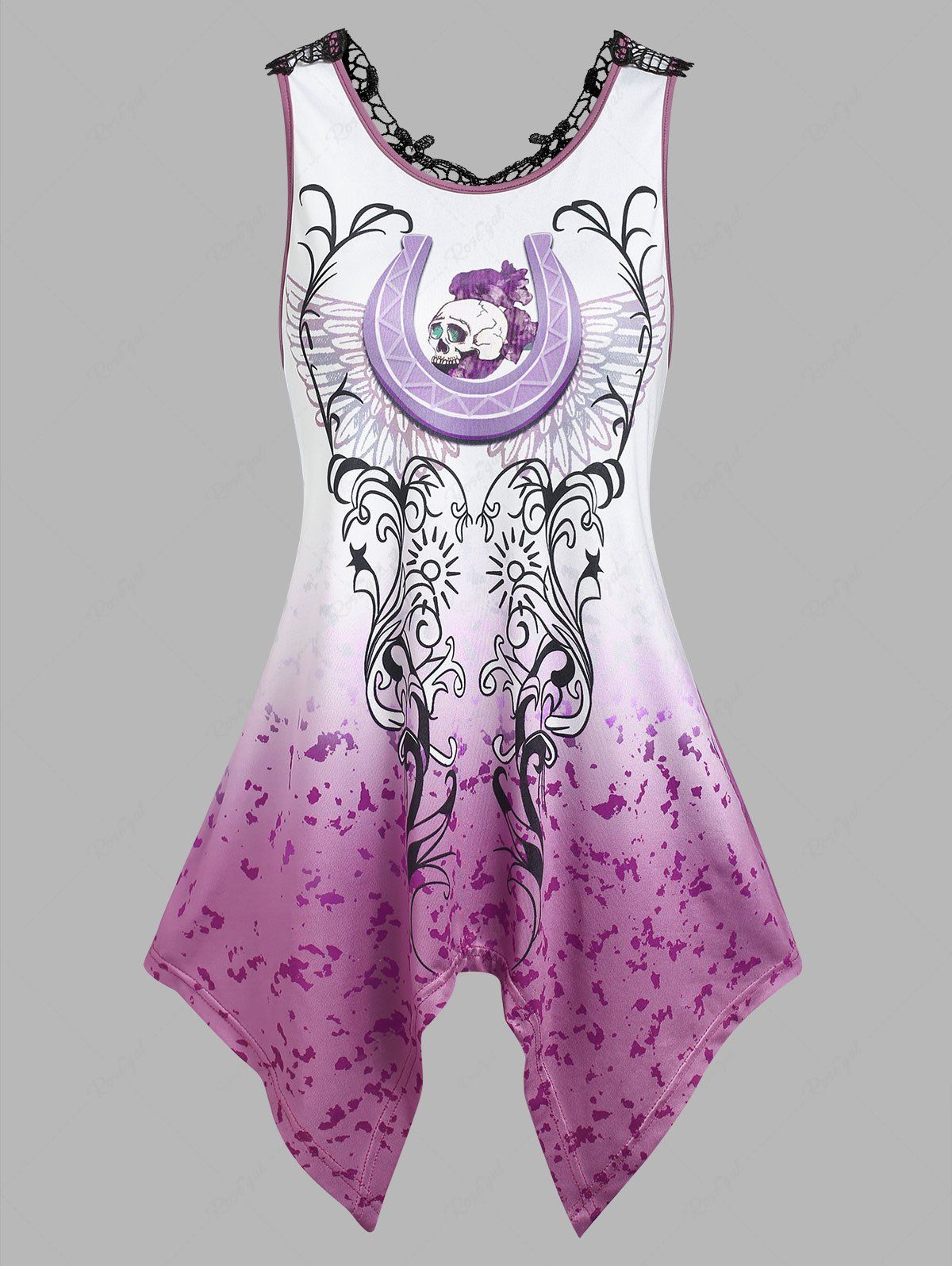 Débardeur Gothique Crâne Fleur en Dentelle Violet clair XXXL
