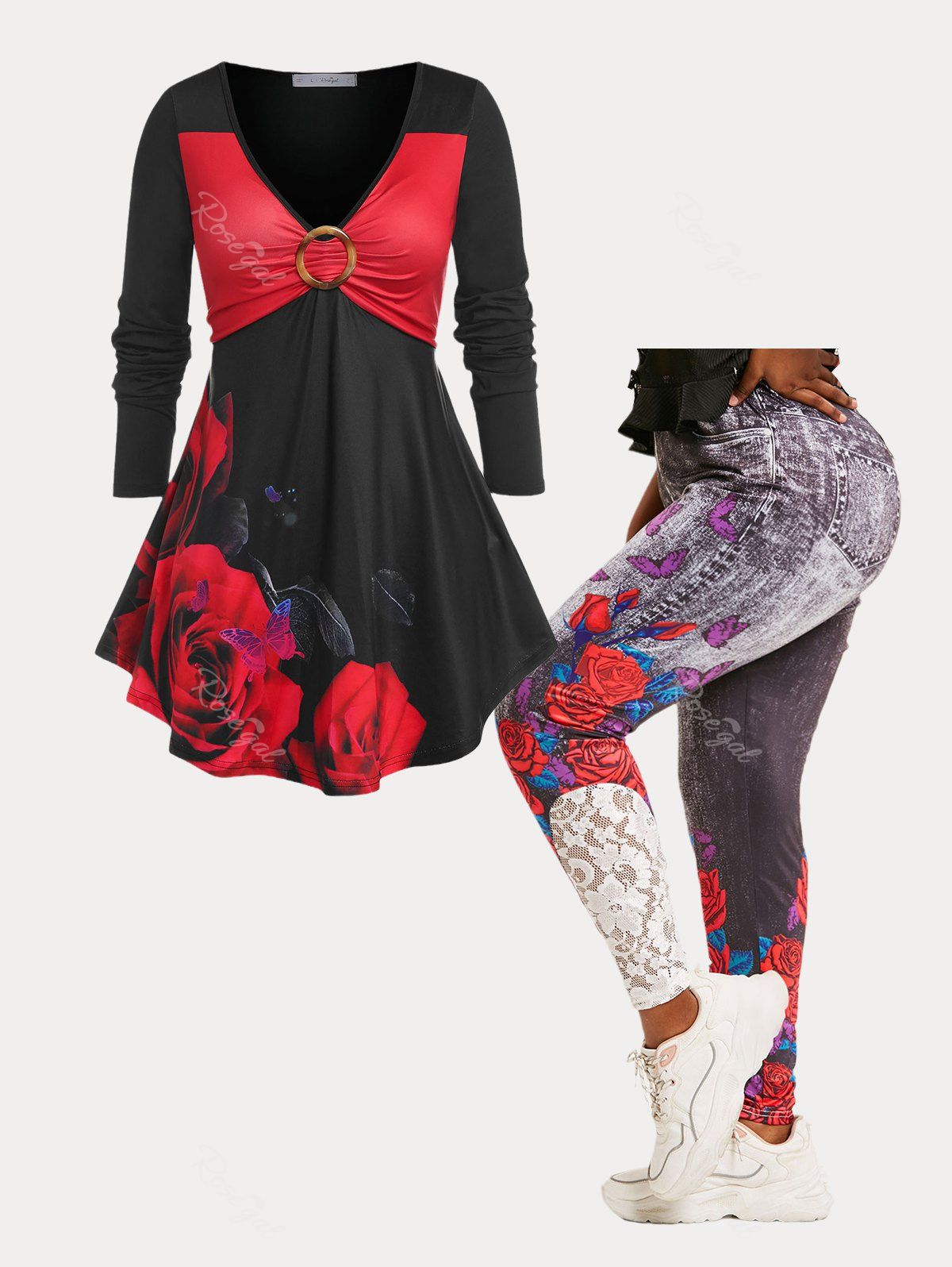 Affordable A Rose Butterfly Love Affair Tee and 3D Print Jeggings Plus Size Bundle  