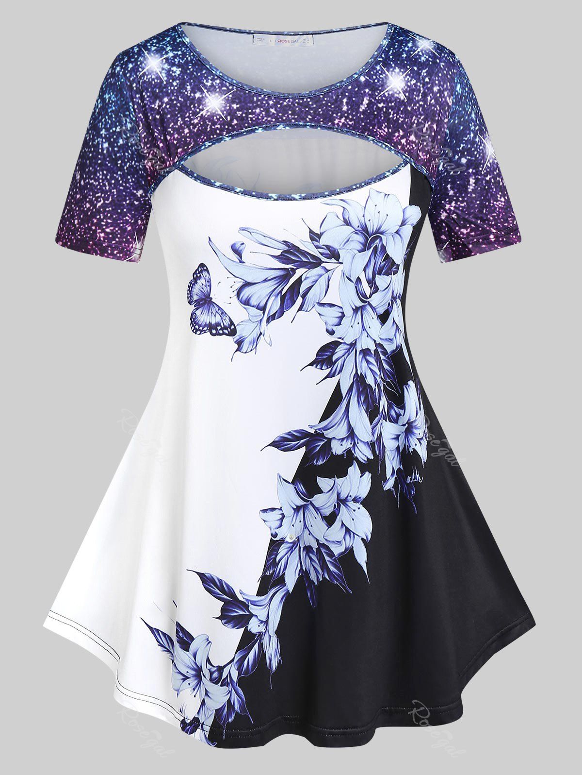 New Plus Size & Curve Starry Flower Print Cutout Skirted T-shirt  