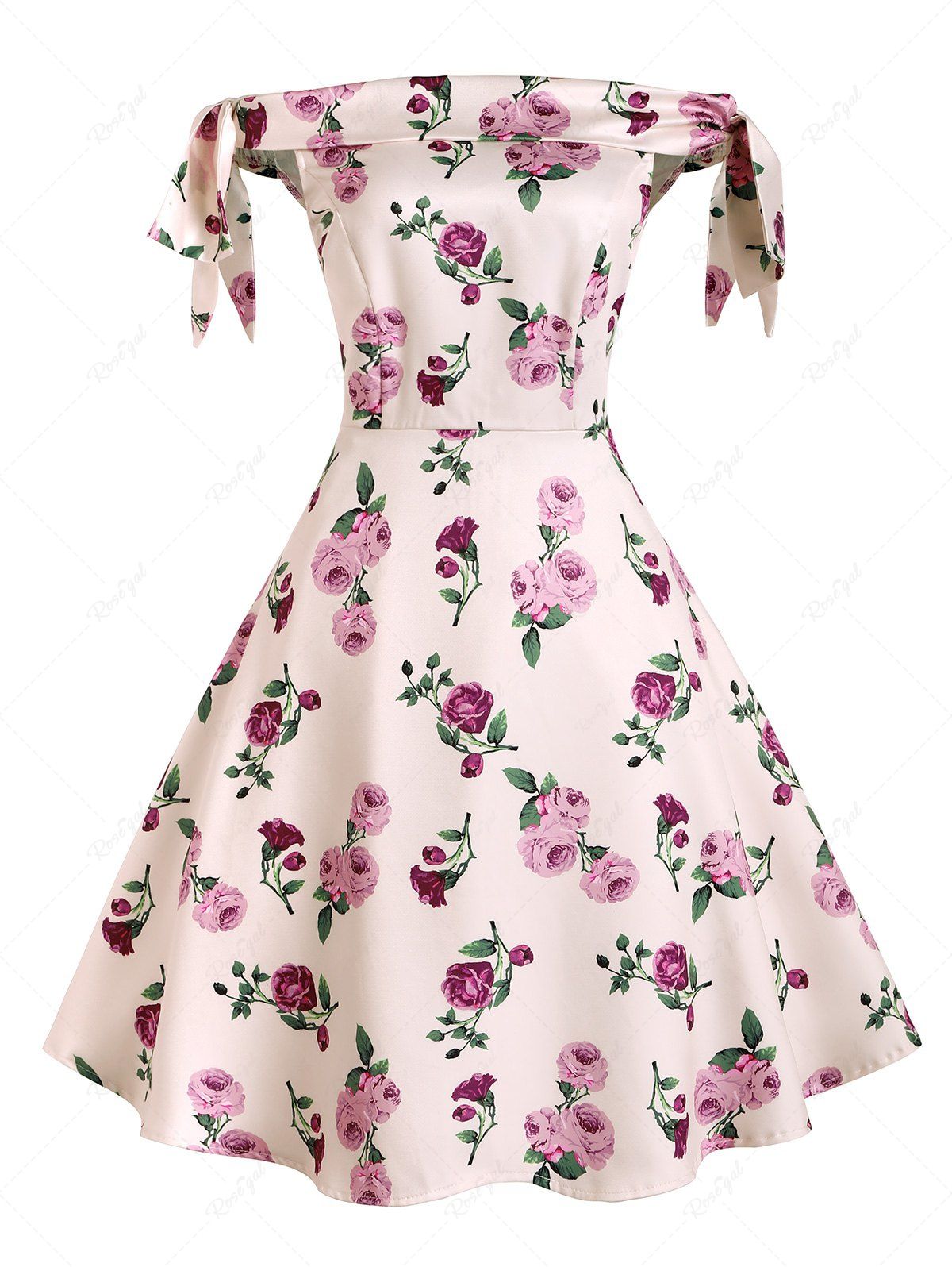 Cheap Polka Dot Floral Bowknot Off Shoulder Swing Dress  