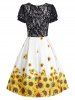 Lace Insert Sunflower Print Lace-up Dress -  