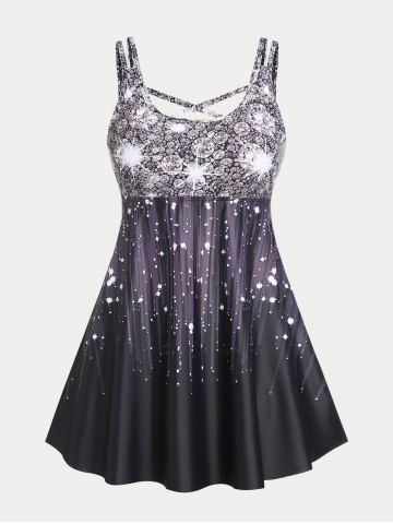 Sparkling Diamonds Print Crisscross Plus Size & Curve Modest Swim Dress Set - BLACK - 1X