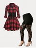 Fashion Plus Size Plaid Pattern Guipure Lace Zip Blouse and Leggings -  