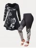 Plus Size Flower Butterfly Print T Shirt and Paisley Print Jegging Outfit -  