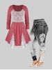 Plus Size Lace Panel Sailor Buttons Long Sleeve Tee and Lace Insert Jegging Outfit -  