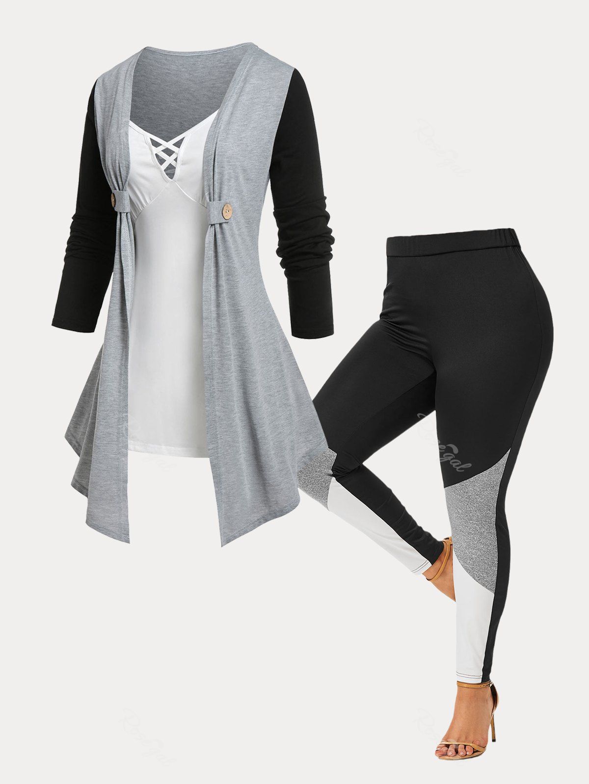 Shops Eye-catching Colorblock 2 In 1 Top and Leggings Plus Size Outfit  