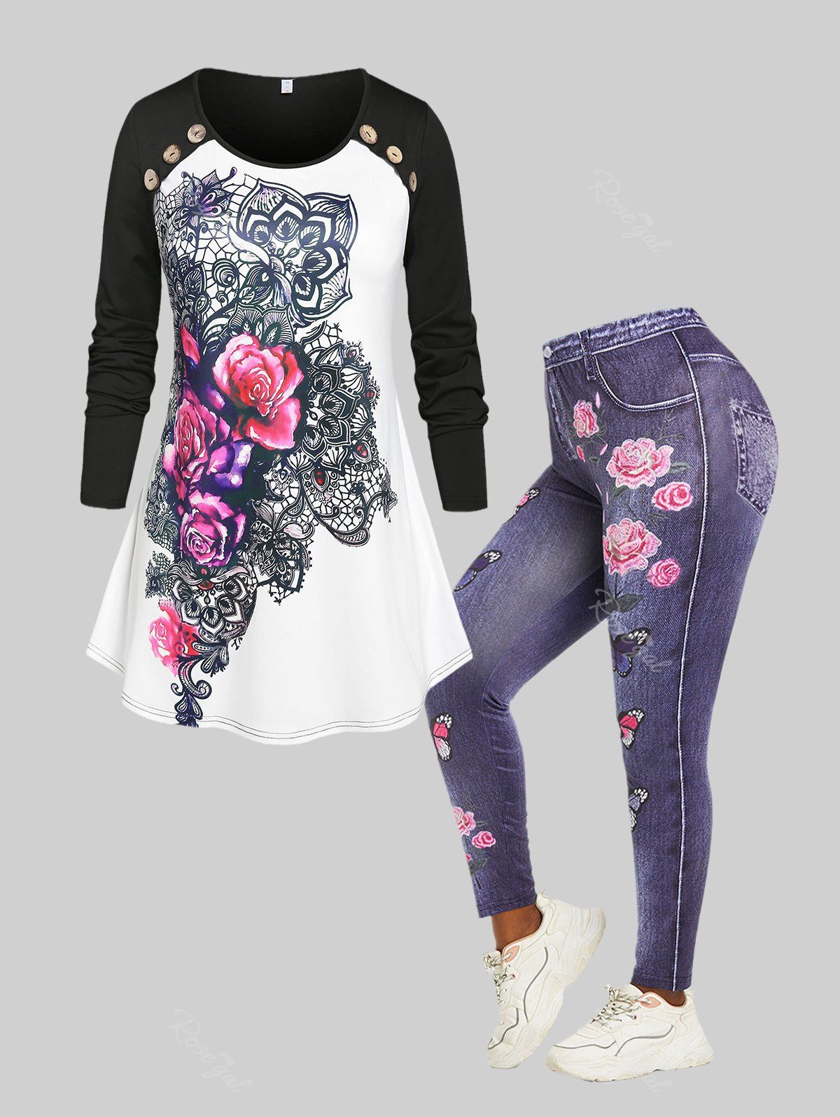 Discount Flower Fairy Colorblock Top and Butterfly 3D Print Jeggings Plus Size Outfit  
