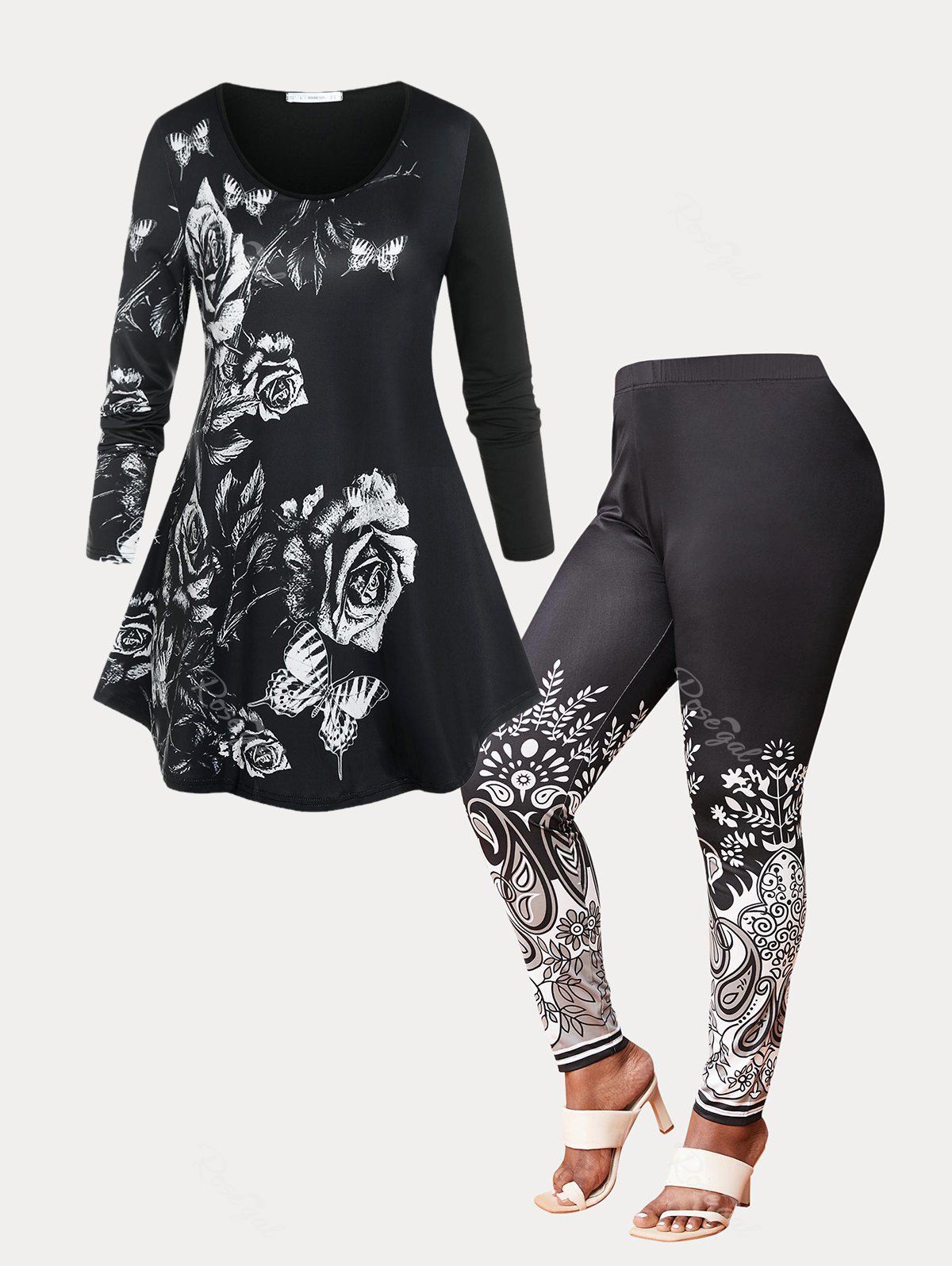 Unique Plus Size Flower Butterfly Print T Shirt and Paisley Print Jegging Outfit  