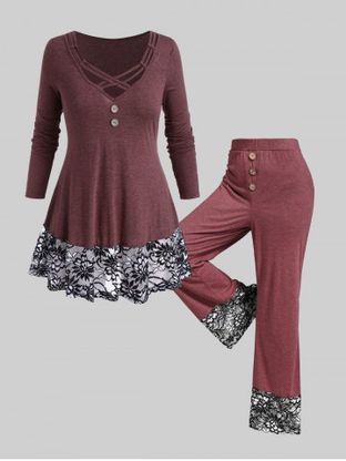 Plus Size Floral Lace Crisscross T-shirt and Wide Leg Pant Outfit