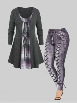 Fashion Plus Size Plaid Tie Double Fabric Knit Tunic Tee and Leggings - GRAY
