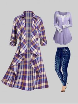 Plus Size Lace Panel T-shirt and Roll Up Sleeve Plaid Open Front Draped Coat Outfit - LIGHT PURPLE