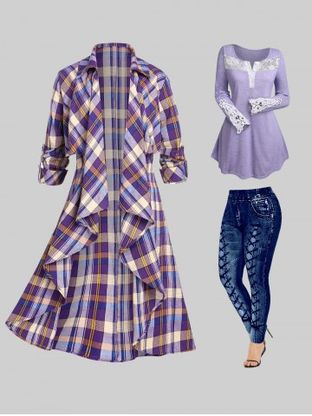 Plus Size Lace Panel T-shirt and Roll Up Sleeve Plaid Open Front Draped Coat Outfit