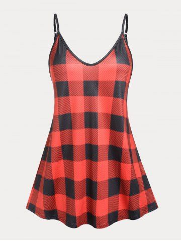 Plaid Plus Size Flared Tank Top - RED - XL
