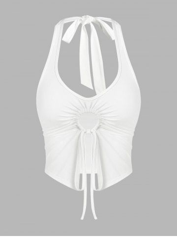 Halter Slit Keyhole Drawstring Top - WHITE - S