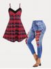 Prevailing Plaid Backless Tunic Cami Top and Jeggings Plus Size Summer Outfit -  