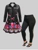 Plus Size Flower Paisley Half Placket Long Sleeve Top and Laser Cut Out Leggings Outfit -  
