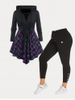 Plus Size Knotted Lace Up Plaid Skirted Hooded Tee and Metal Buttons Lace Up Pants Outfit -  