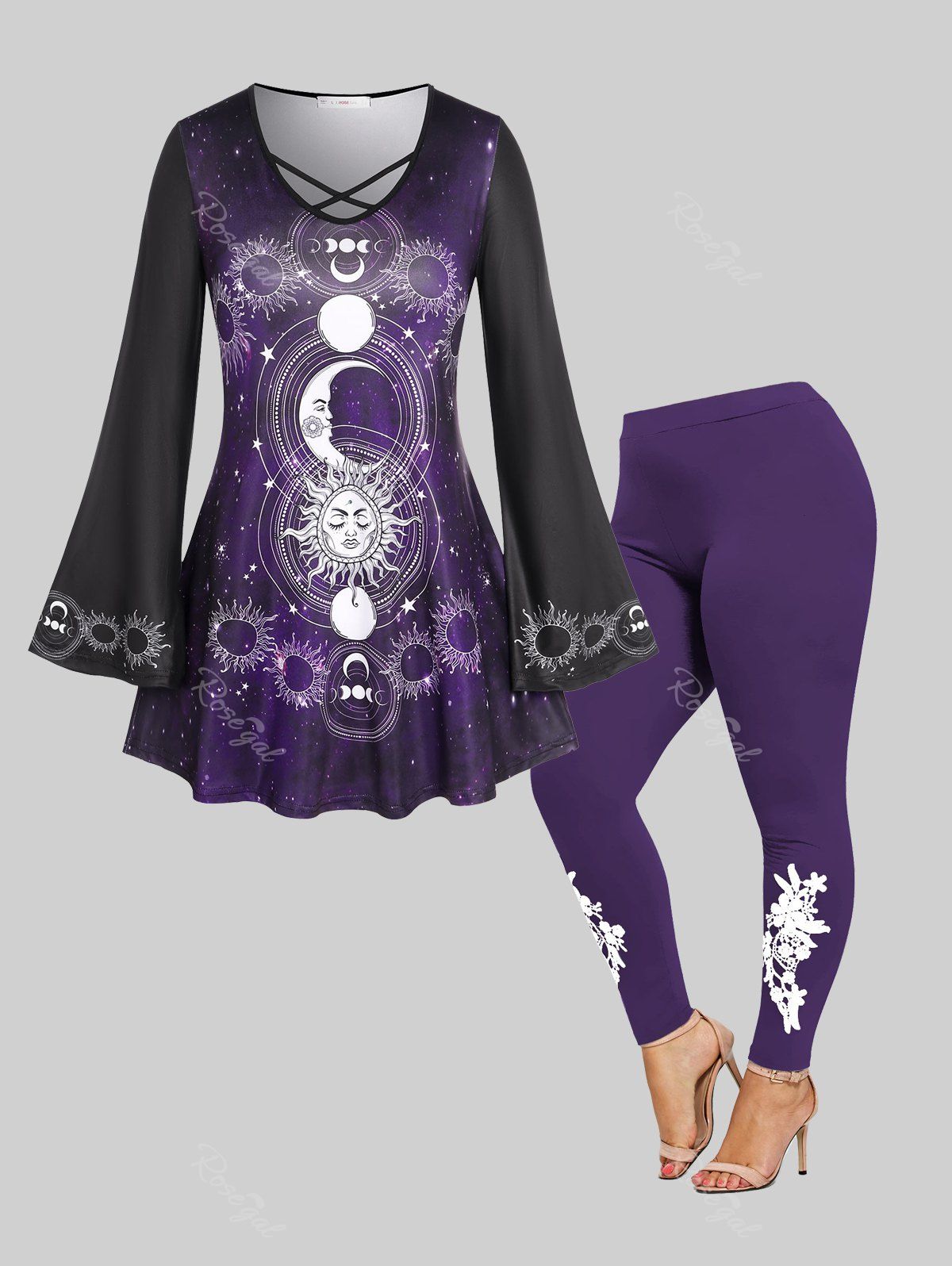 Store Plus Size Criss Cross Bell Moon Sun Star Sleeve Tee and Leggings Outfit  