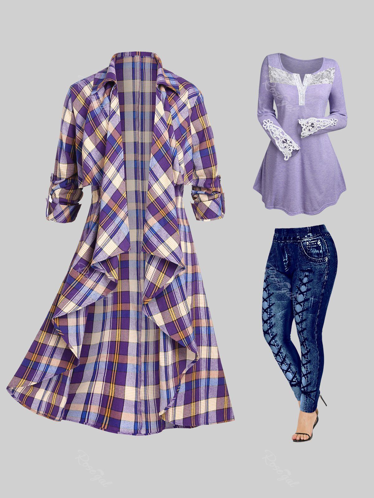 Latest Plus Size Lace Panel T-shirt and Roll Up Sleeve Plaid Open Front Draped Coat Outfit  