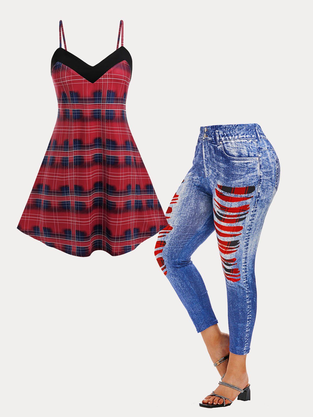 New Prevailing Plaid Backless Tunic Cami Top and Jeggings Plus Size Summer Outfit  