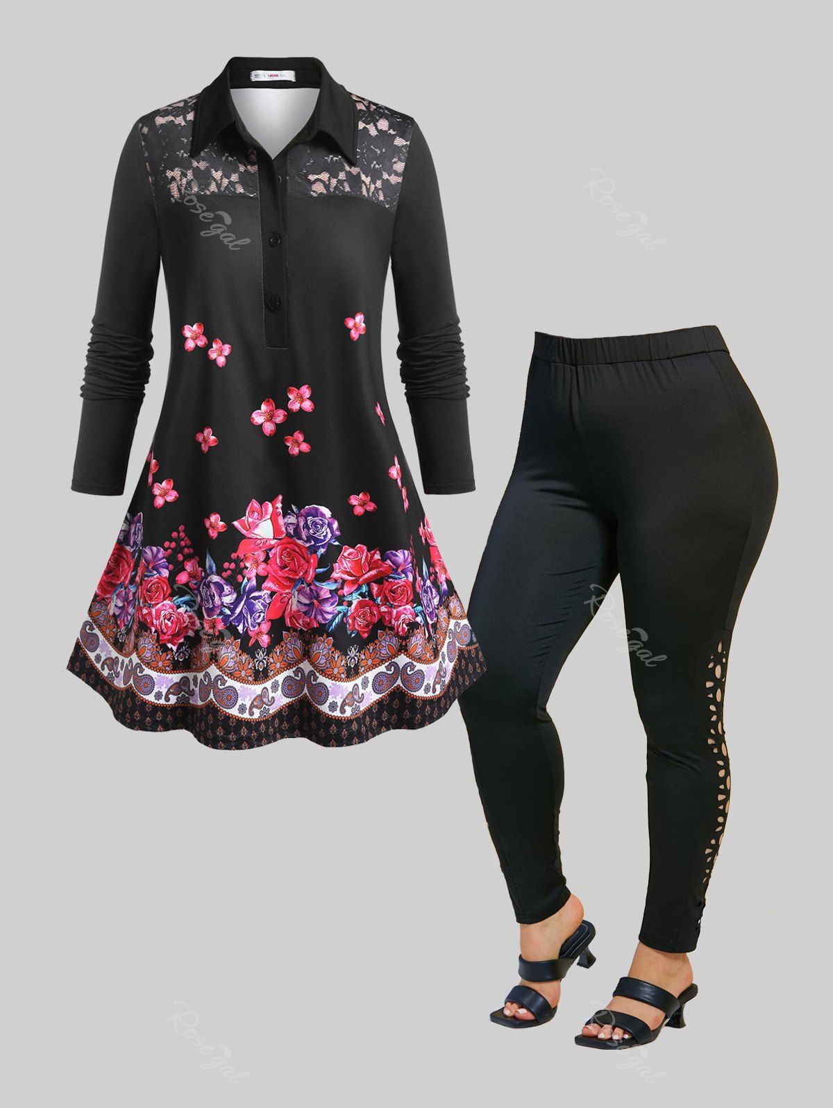 Hot Plus Size Flower Paisley Half Placket Long Sleeve Top and Laser Cut Out Leggings Outfit  