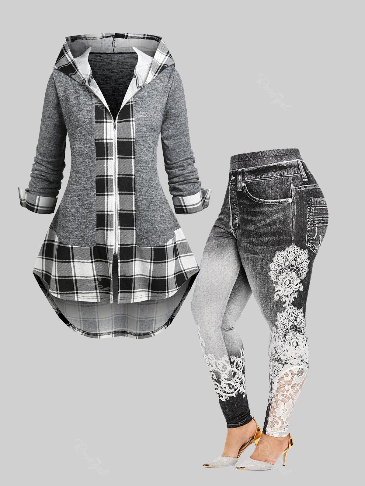 Online Winter Plus Size Plaid Hooded Top and Leggings  