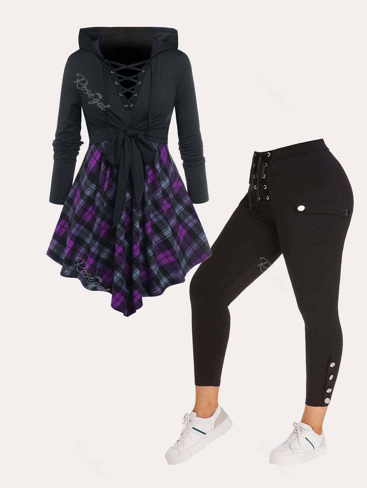 Sale Plus Size Knotted Lace Up Plaid Skirted Hooded Tee and Metal Buttons Lace Up Pants Outfit  