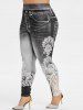 Plus Size Embroidered Mesh Tunic T-shirt with Scarf and Lace Insert Jeggings -  