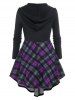 Plus Size Knotted Lace Up Plaid Skirted Hooded Tee and Metal Buttons Lace Up Pants Outfit -  