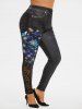 Plus Size Lace-Up Front Moon Printed Top and Snowflake Butterfly Lace Panel Jeggings Outfit -  